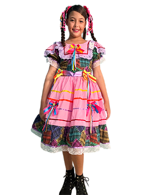 Vestido Junino Infantil BRENDA Modelo 01 - Costas abertas com fita de amarração e Elastex.