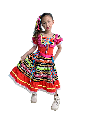 Vestido Junino Infantil BRENDA Modelo 04 - Costas abertas com fita de amarração e Elastex.