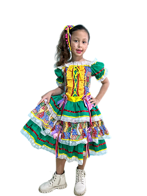 Vestido Junino Infantil VIVI - Espartilho na frente e blusa em Elastex.