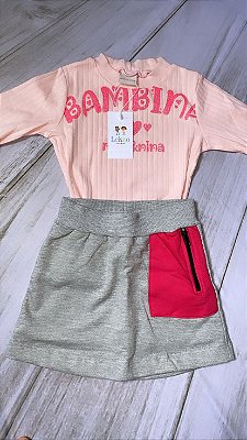 conjunto infantil feminino - camisa mangas longas canelada + shorts saia cinza com zíper no bolso
