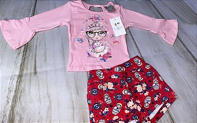 Conjunto Juvenil Feminino Blusa Tecido e Shorts Sarja Milli&Nina