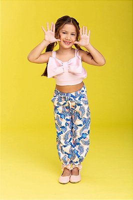 CONJUNTO INFANTIL-CALÇA TOP LAÇO ALFAIATARIA ESTAMPADO