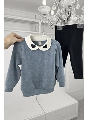 Conjunto Infantil Tricot Azul com Gola de Coração