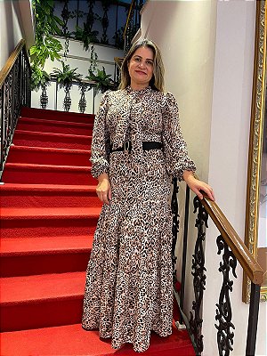 Vestido Longo Kauly Animal Print Manga Longa