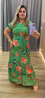 VESTIDO VERDE FLORAL LONGO  COM BABADOS  MARCA  JOYALY