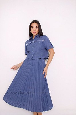 Conjunto Milena em tecido linhão Bordado na cor azul Royal marca D´vanelle