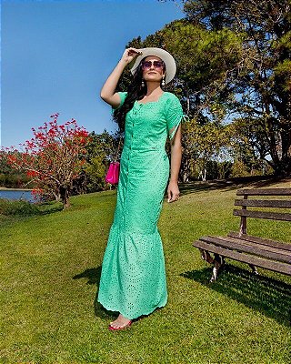 Vestido  Longo em Lese algodão com babado marca Lemazelle