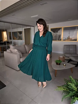 Vestido Midi Plissado na cor verde - La Sève - cod 9758