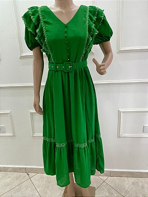Vestido Malu  Midi Verde com Cinto - Estefani - cod 1411V
