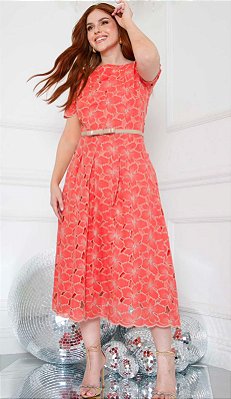 Vestido Denise Maxi Midi cor Coral em Laise  com cinto - D'Vanelle
