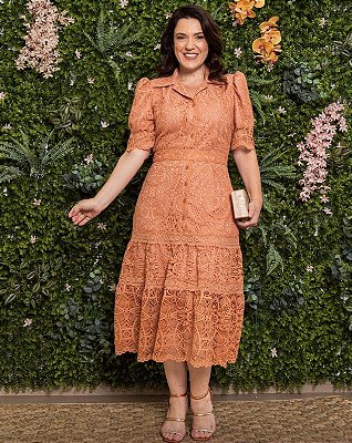 Vestido chemissie em renda terracota com cinto - Kauly