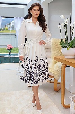 Vestido Midi em alfaiataria com barrado , com cinto referencia 4210 Kauly