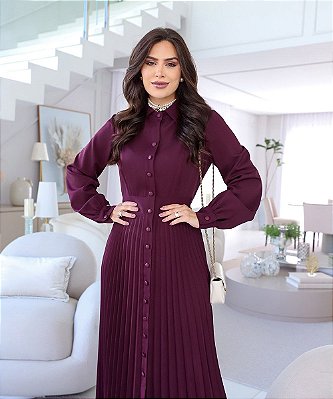 Vestido Burgundy Midi Plissado em alfaiataria Premium Marsala  KAULY