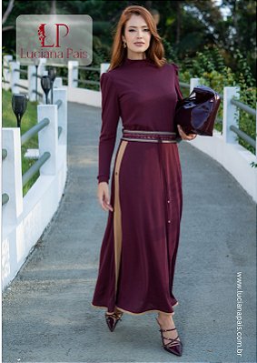 Vestido marsala  em malha crepe burgundy  com cinto bordado refe 94202Luciana Pais