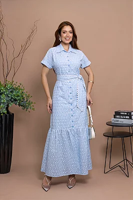 Vestido Chemise Luciana Pais Laise Xadrez Azul Branco Cinto 94391