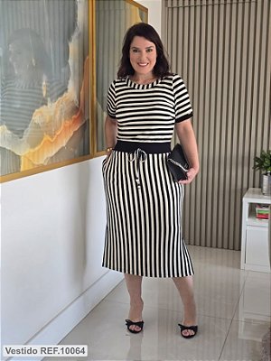 Vestido Midi Malha Tricô forrado na cor Preto e Off - 10064 La Séve