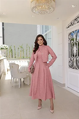 Vestido maxi rosa alfaiataria bordado, com pregas e bolero manga longa - Kauly 4436