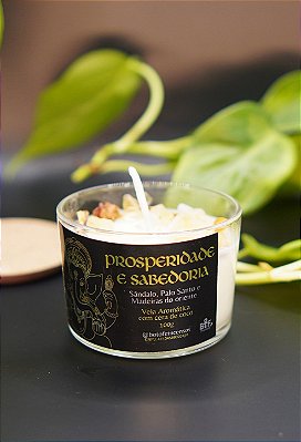 Vela Aromática Prosperidade e Sabedoria — Sândalo, Palo Santo, Madeiras do Oriente e cristais naturais