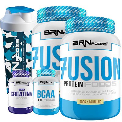 Kit 2 Unidades Whey Protein Fusion 900g + BCAA 100g + Creatina 100g + Coqueteleira BRN Foods