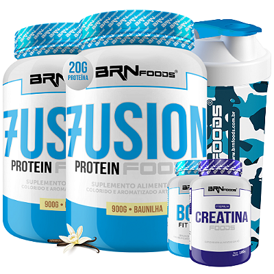 Kit 2x Whey Protein Fusion 900g + BCAA 100g + Creatina 100g + Coqueteleira - BRN Foods