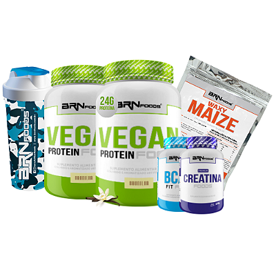 Kit 2x Vegan Protein 500g + Waxy Maize 800g + BCAA 100g + Creatina 100g + Coqueteleira - BRN Foods