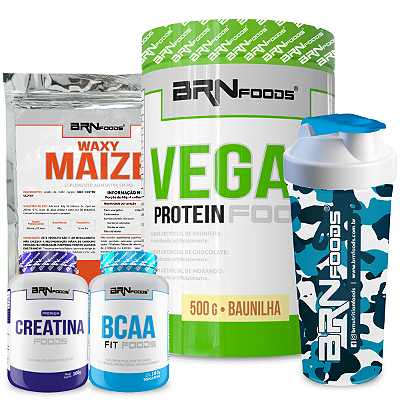 Kit Vegan Protein 500g + Waxy Maize 800g + BCAA 100g + PREMIUM Creatina 100g + Coqueteleira - BRN Foods