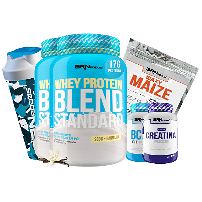 Kit 2 Unidades Whey Protein Blend 900g + BCAA 100g + Creatina 100g + Waxy Maize 800g + Coqueteleira BRN Foods