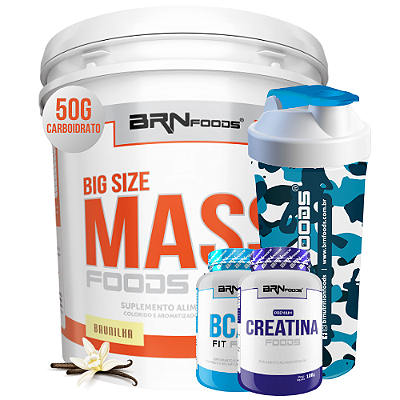 Kit Big Size Mass 6kg + BCAA 100g + Premium Creatina 100g + Coqueteleira - BRN Foods