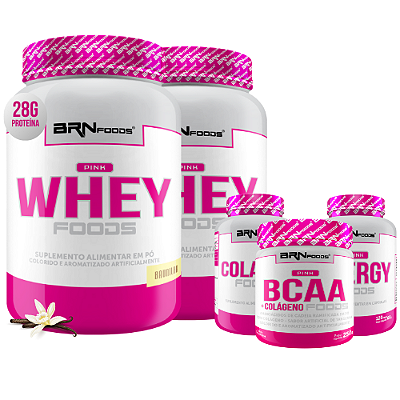 Kit 2 Unidades Pink Whey 900g + Pink Energy 60 Cáps + Pink BCAA 250g + Pink Colágeno 100 Cáps BRN Foods
