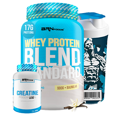 Kit Whey Protein Blend 900g + Creatina 100% 300g + Coqueteleira - BRN Foods