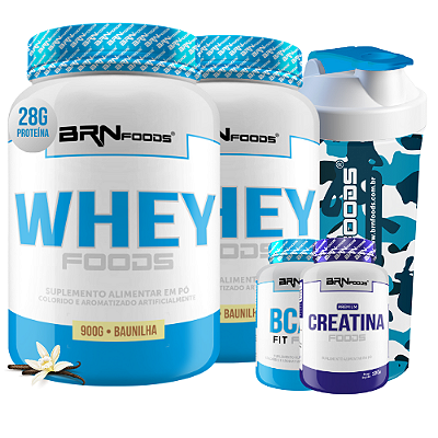 Kit 2 Unidades Whey Foods 900g + BCAA 100g + Premium Creatina 100g + Coqueteleira BRN Foods
