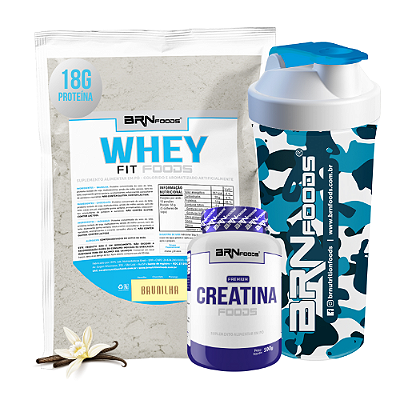 Kit Whey Protein Fit Foods 500g + Premium Creatina 100g + Coqueteleira 600ml - BRN Foods