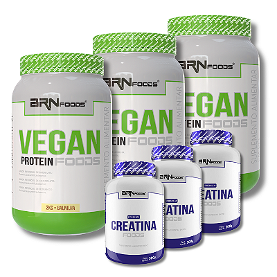 Kit 3x Vegan Protein 2kg + 3x Premium Creatina 300g - BRN Foods