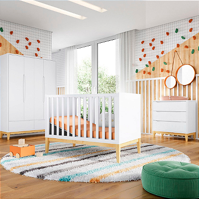 Quarto de Bebê Completo Amor Perfeito Berço + Cômoda 3 Gavetas + Guarda-Roupa