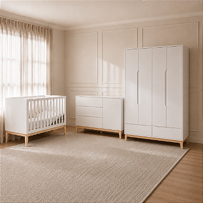 Quarto de Bebê Completo Evolutivo Encanto Berço + Cômoda Sapateira + Guarda-Roupa