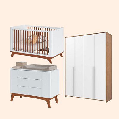 Quarto de Bebê Completo Sambalelê  Com Berço + Cômoda + Guarda-Roupa 4 Portas