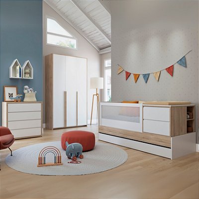 Quarto de Bebê Completo Sol e Mar Berço + Cômoda 4 Gavetas + Guarda-Roupa Modulado 3 Portas