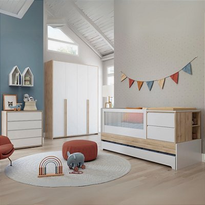 Quarto de Bebê Completo Sol e Mar Berço + Cômoda 4 Gavetas + Guarda-Roupa Modulado 4 Portas