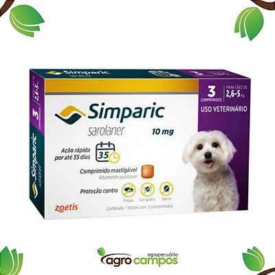 Antipulgas Simparic 10mg - Cães 2,6kg - 5kg com 1 comprimido - Zoetis