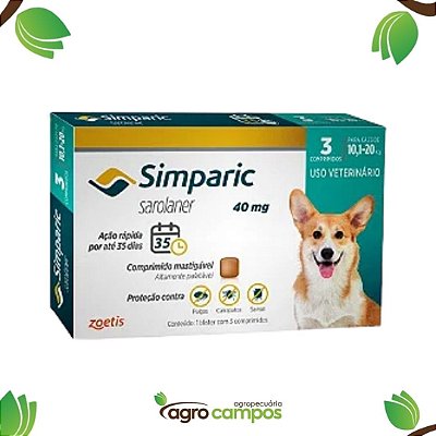 Antipulgas Simparic 40mg Cães 10,1-20kg com 1 Comprimido- Zoetis