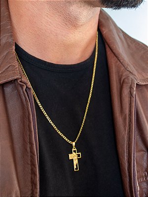 Corrente cruz face - grumet - banhado a ouro 18k