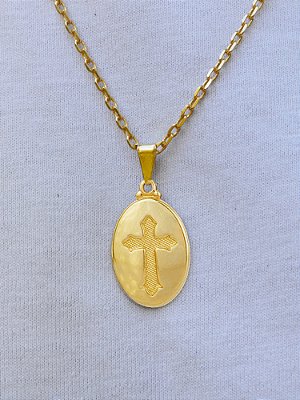 Corrente Medalha Oval Cruz - cadeado - banhado a ouro 18k