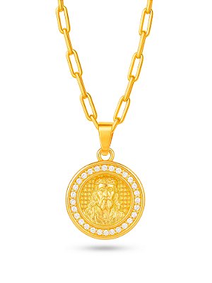 Corrente Jesus medalha cravejado - elo longo - banhado a ouro 18k