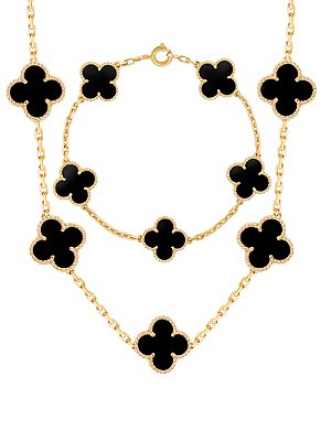 Conjunto trevos pretos - colar e pulseira - banhado a ouro 18k