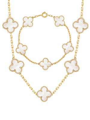 Conjunto trevos brancos - colar e pulseira - banhado a ouro 18k