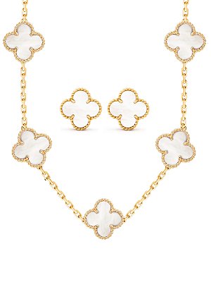 Conjunto trevos brancos - colar e brinco - banhado a ouro 18k