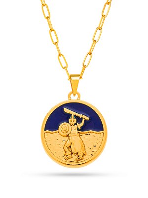Corrente Ogum azul - elo longo - banhado a ouro 18k