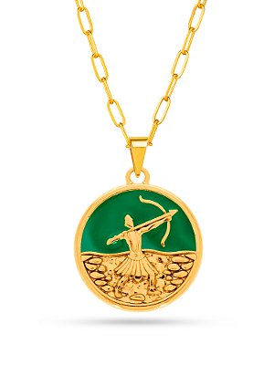 Corrente Oxossi verde - elo longo - banhado a ouro 18k