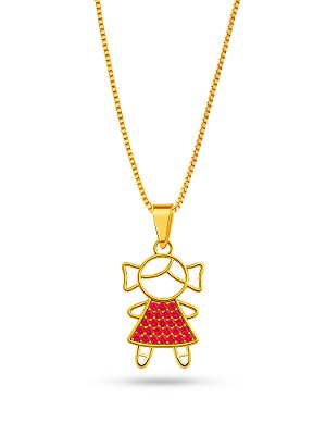 Corrente menina vestido rosa - banhado a ouro 18k