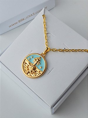 Corrente Iemanjá azul - cadeado - banhado a ouro 18k